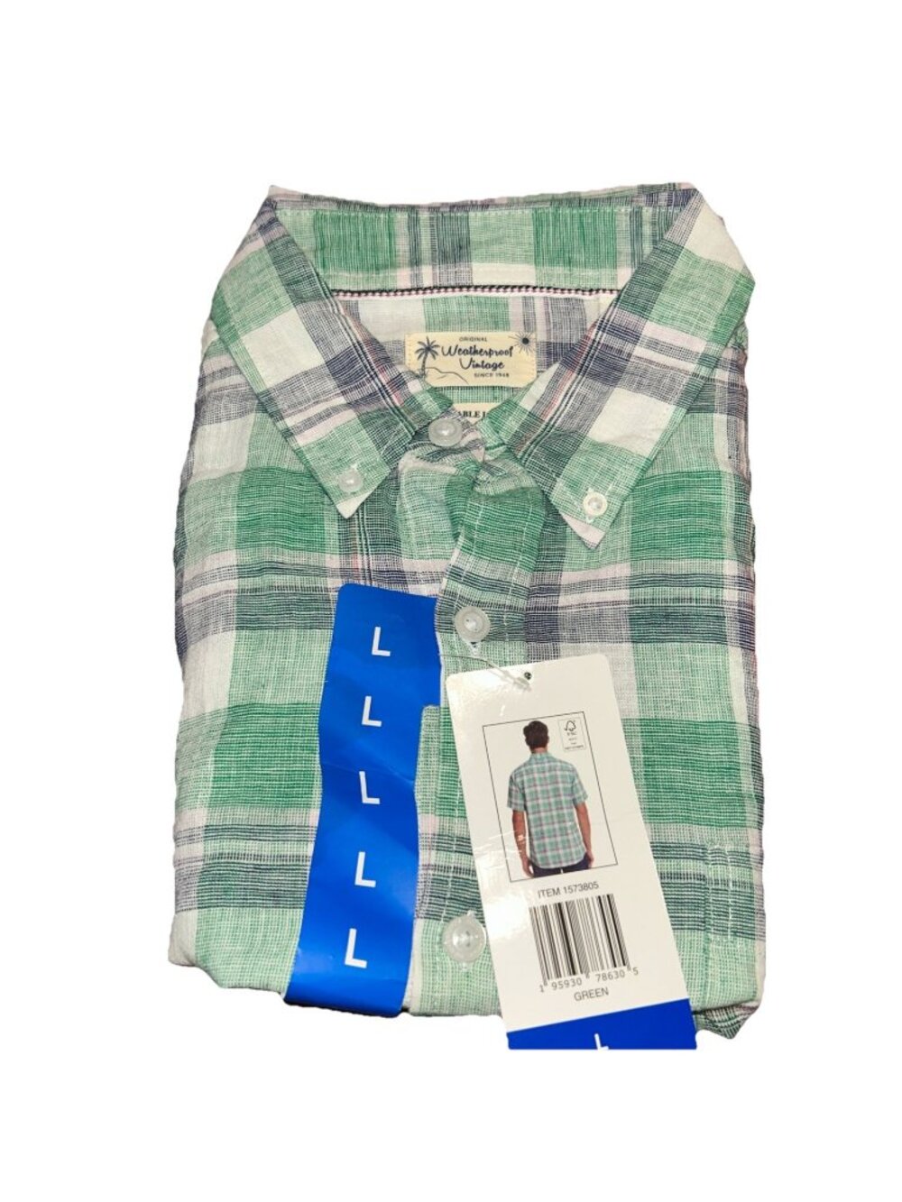 Weatherproof Vintage Men’s Washable Linen Short Sleeve Woven Shirt, Green, L